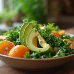 Natural Mounjaro Recipe with fresh greens, avocado, and citrus on a wooden countertop.