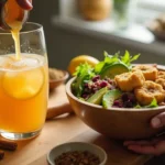 A fresh and vibrant brazilian mounjaro 3 ingredients dish made with three simple ingredients, displayed on a rustic wooden table with tropical fruits and honey