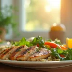 Healthy, balanced meal featuring grilled chicken, quinoa, leafy greens, and fresh vegetables on a dining table.natural mounjaro recipe for weight loss
