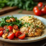 A plated Mounjaro recipe meal with lean protein, fresh vegetables, and healthy grains, served in a modern kitchen.