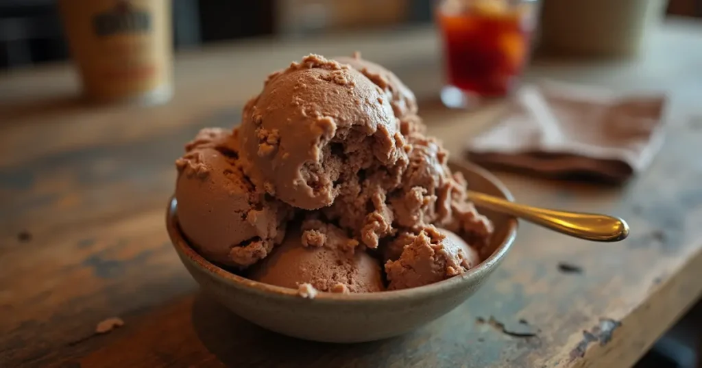 A scoop of graeter's skyline chili ice cream​ in a waffle cone with chili seasoning on a rustic wooden table.