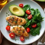 Overhead shot of a 4-ingredient healthy meal featuring chicken, avocado, spinach, and cherry tomatoes. Natural Mounjaro 4 Ingredients Recipe