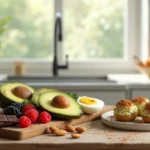 A selection of seven healthy what is natural Mounjaro -inspired snacks on a rustic kitchen table