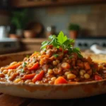 A vibrant and flavorful Brazilian Mounjaro dish served on a rustic wooden table, surrounded by fresh ingredients and natural lighting; Recipe for Brazilian Mounjaro