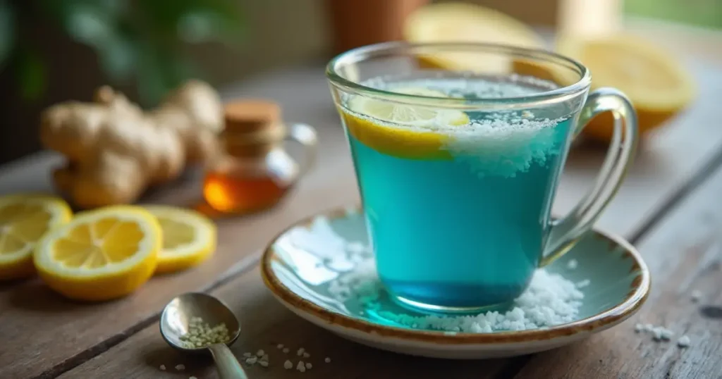 "Blue Salt Trick Recipe in a cup with lemon and ginger, perfect for a relaxing wellness boost."