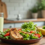Healthy Mounjaro Tecipe meal featuring grilled chicken salad and smoothie