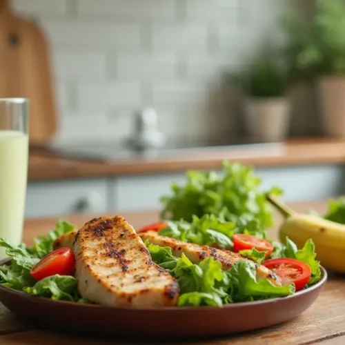 Healthy Mounjaro Tecipe meal featuring grilled chicken salad and smoothie