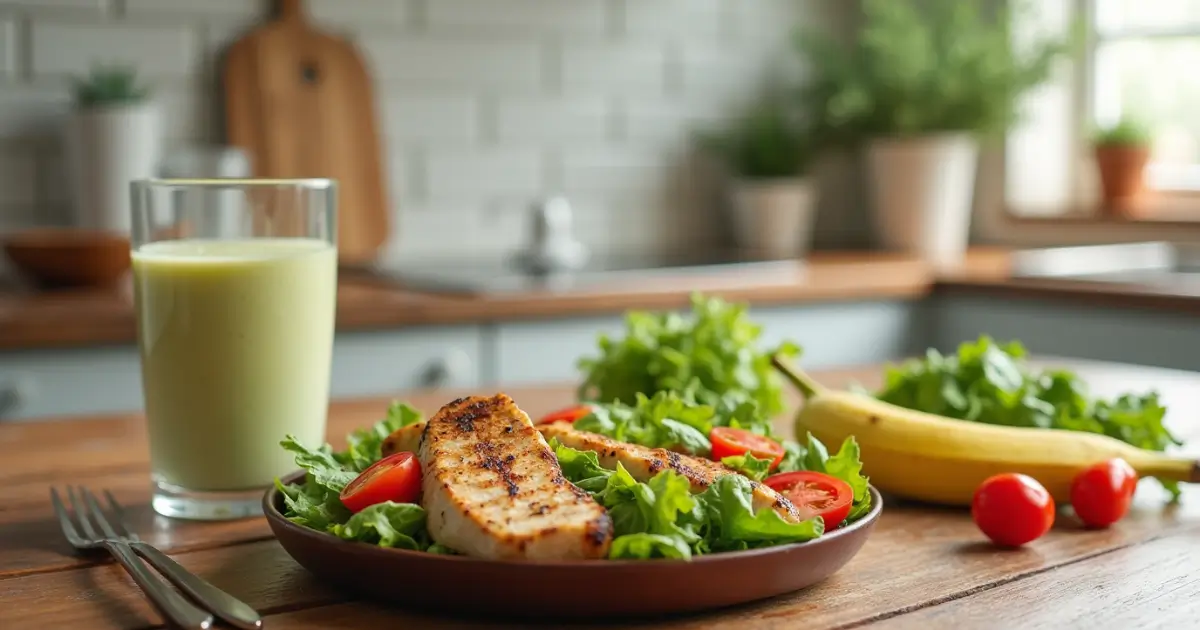 Healthy Mounjaro Tecipe meal featuring grilled chicken salad and smoothie