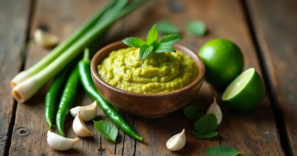 Jar of homemade Thai green curry paste with fresh herbs on a rustic kitchen counter