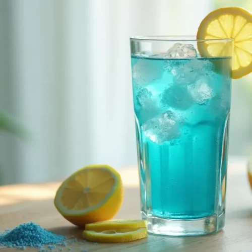 blue salt trick for men recipe energy-boosting drink with lemon and salt on a wooden countertop.
