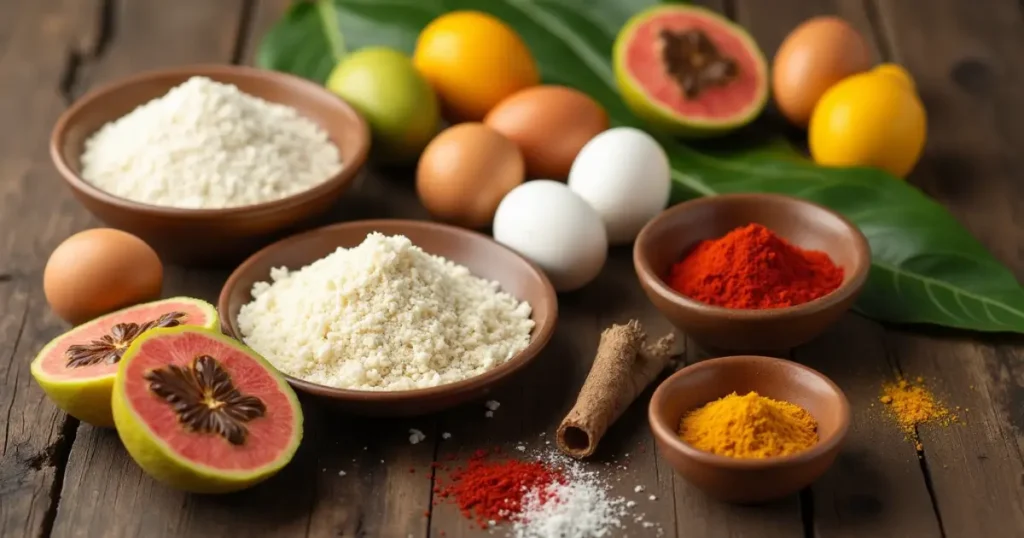 Close-up of ingredients for the Homemade Brazilian Mounjaro Recipe, including cassava flour, tapioca starch, eggs, and tropical fruits.