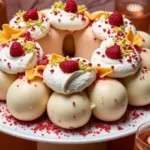 A festive kitchen table decorated with various Christmas desserts like Yule log, gingerbread cookies, and trifle, with a glowing Christmas tree in the background
