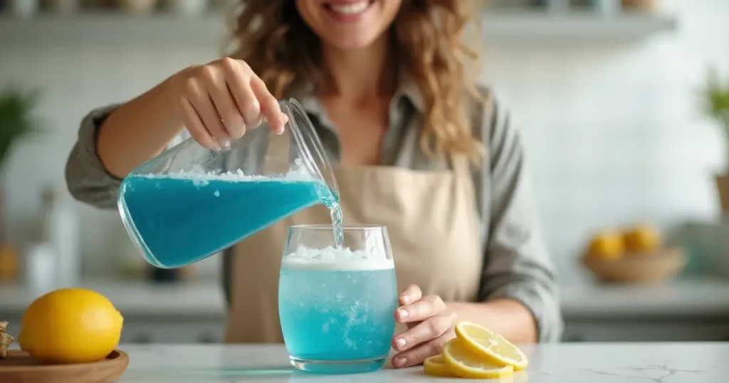 Woman serving Blue Salt Trick Recipe in a bright kitchen, with fresh ingredients visible