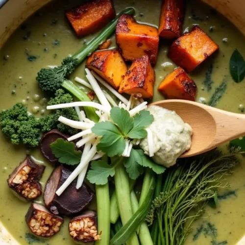 Freshly made Thai green curry paste with authentic Thai ingredients on a rustic table