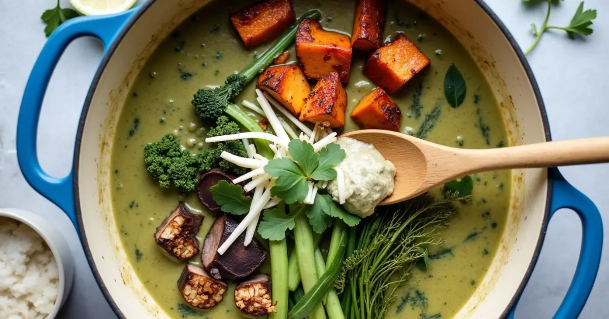 Freshly made Thai green curry paste with authentic Thai ingredients on a rustic table