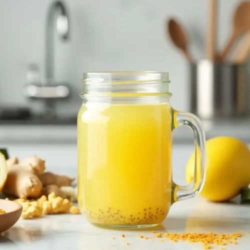 Mason jar filled with Mounjaro wellness drink surrounded by fresh ingredients on a kitchen counter (Recipe for Mounjaro)