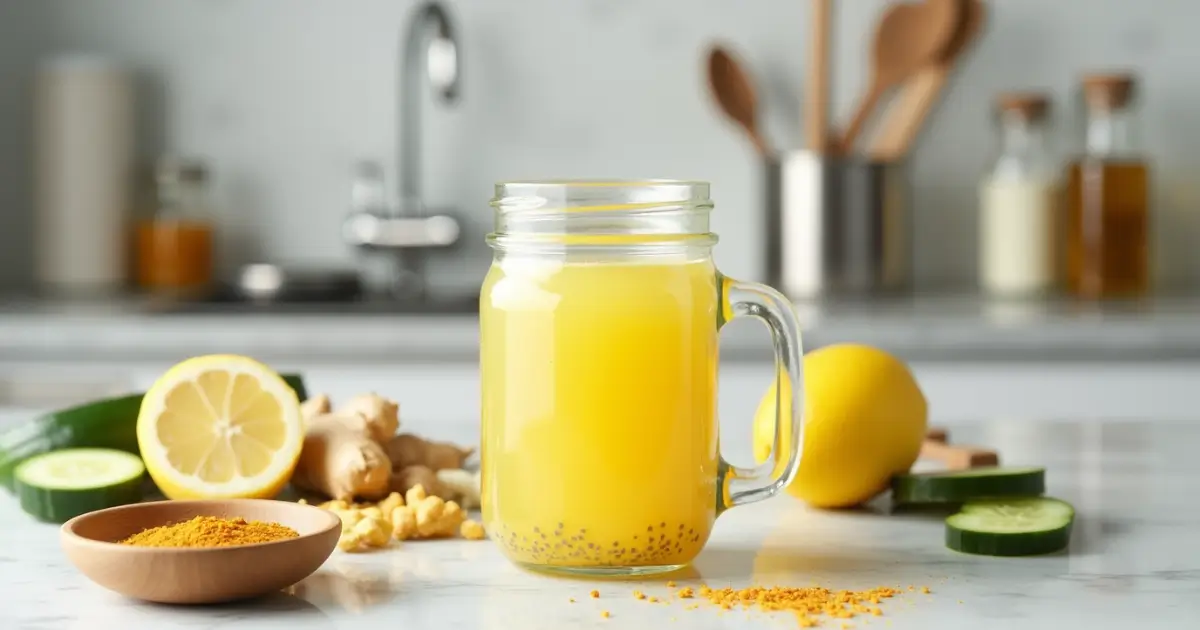 Mason jar filled with Mounjaro wellness drink surrounded by fresh ingredients on a kitchen counter (Recipe for Mounjaro)