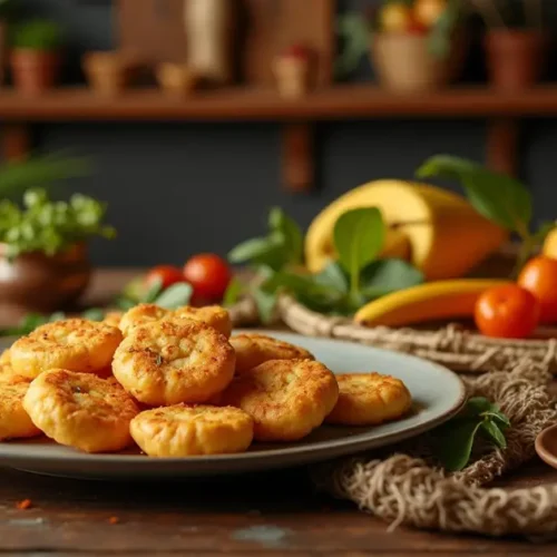 Homemade Brazilian Mounjaro on a rustic wooden table, surrounded by tropical fruits and traditional Brazilian ingredients in a warm, cozy kitchen setting.