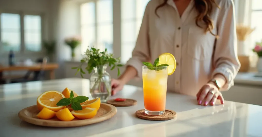 Woman serving a Mounjaro drink in a modern kitchen. How to make Mounjaro drink at home?