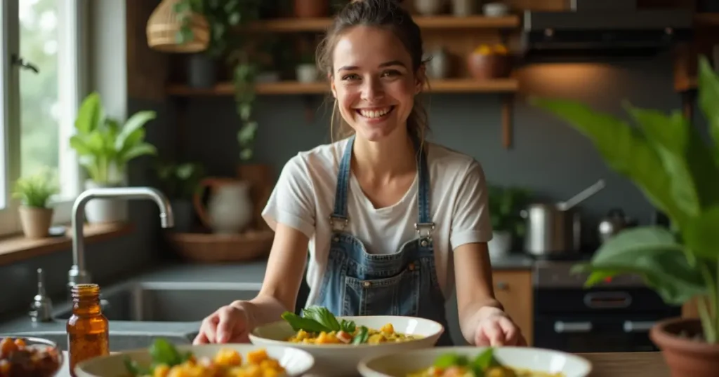 Woman serving a dish made with homemade Thai green curry paste in a cozy kitchen