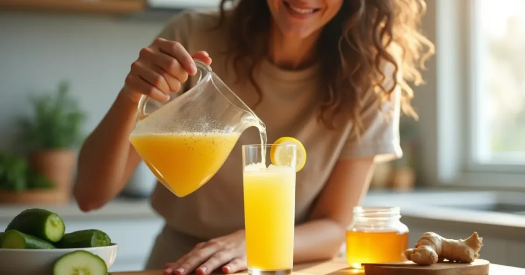 Woman serving a homemade Mounjaro drink in a kitchen (Recipe for Mounjaro)
