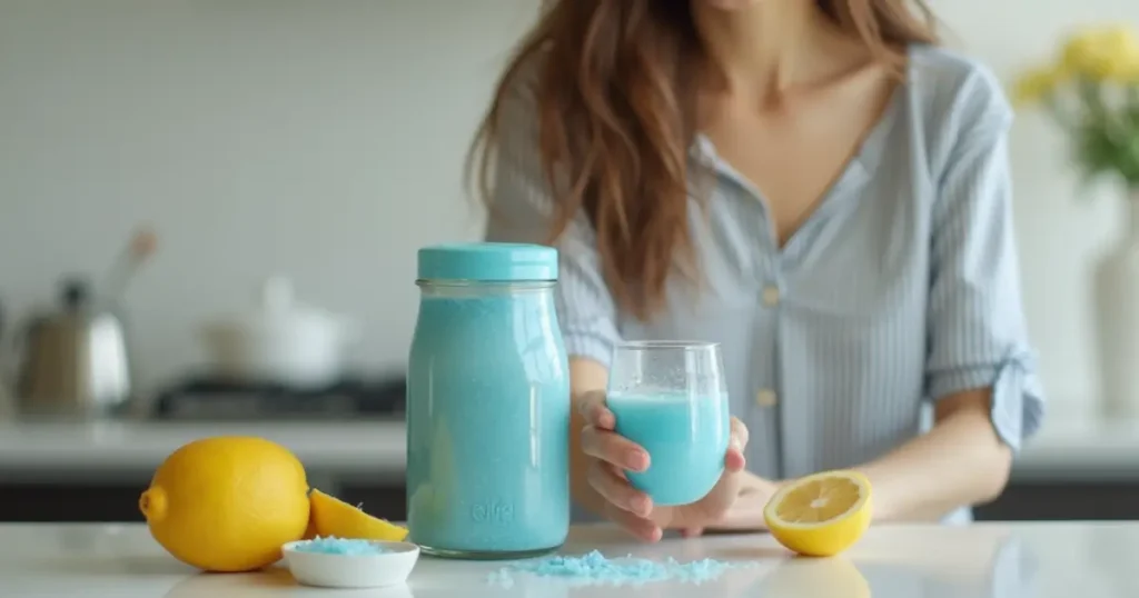 Woman servingblue salt trick for men recipe
energy drink in a modern kitchen.