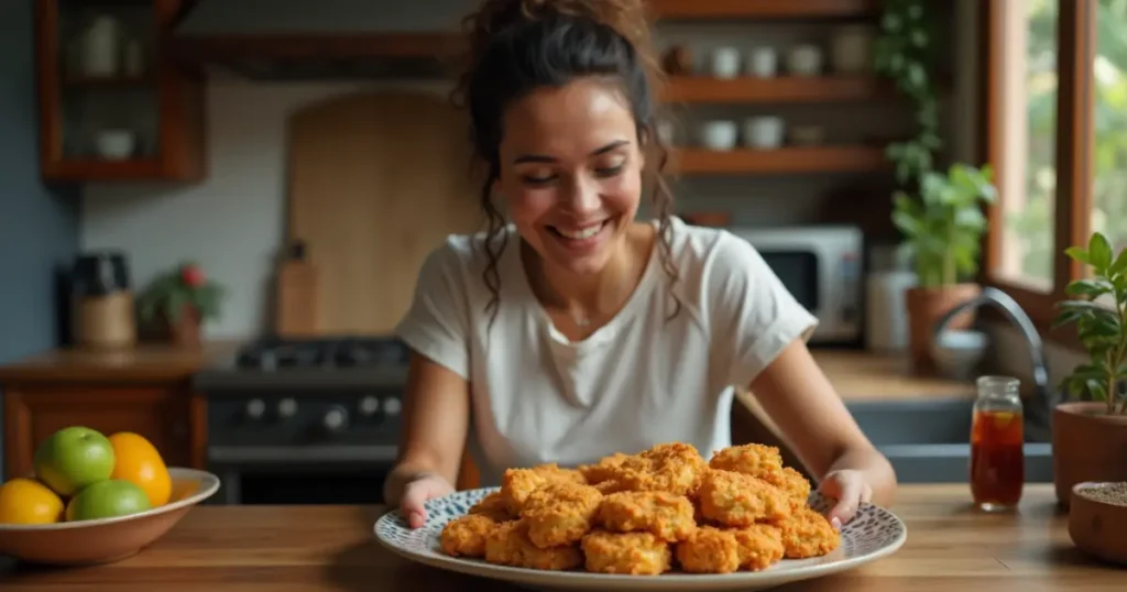 A woman serving Homemade Brazilian Mounjaro Recipe in a cozy kitchen, plating the crispy, golden pastries.
