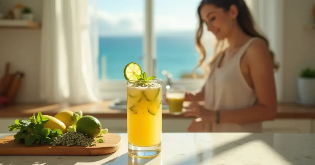 A refreshing homemade Mounjaro drink in a kitchen with sea view. How to make Mounjaro drink at home?
