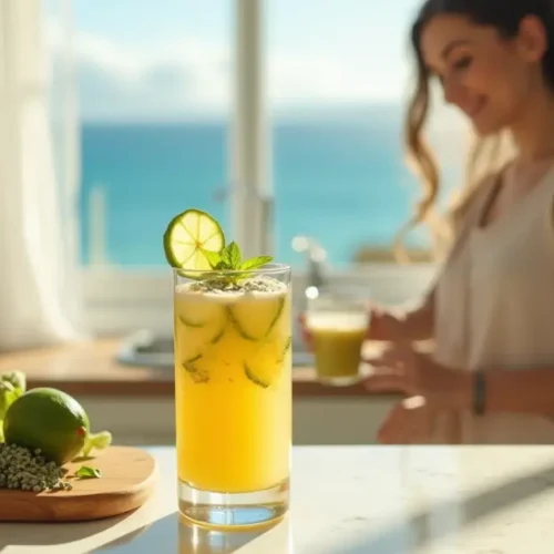 A refreshing homemade Mounjaro drink in a kitchen with sea view. How to make Mounjaro drink at home?