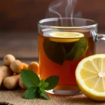 A warm cup of tea with lemontea with lemon honey and ginger, honey, and ginger on a rustic table.