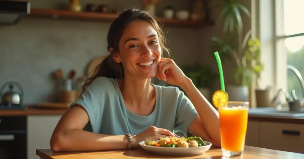 A woman enjoying the Homemade Brazilian Mounjaro Recipe, sitting at a rustic table with tropical drinks in a cozy kitchen.