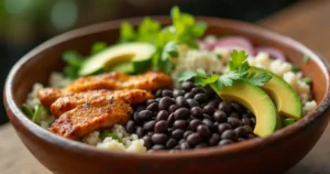 Brazilian Mounjaro Teci​pe bowl with chicken, beans, and avocado