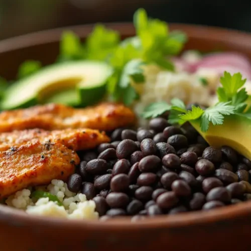 Brazilian Mounjaro Tecipe bowl with chicken, beans, and avocado