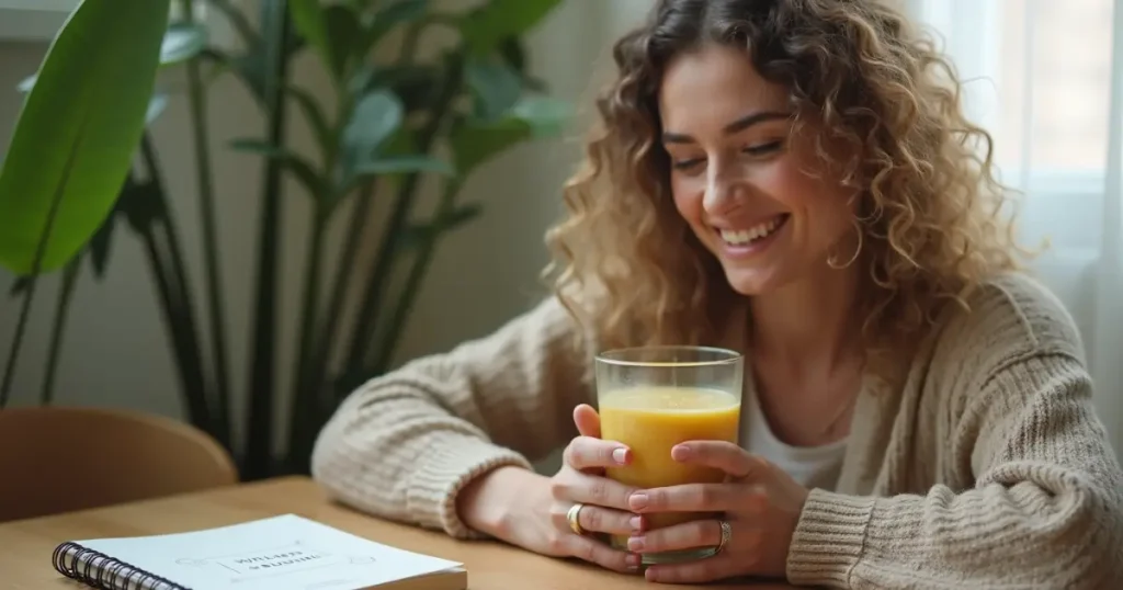 Woman serving the Brazilian Mounjaro Recipe drink in a modern kitchen