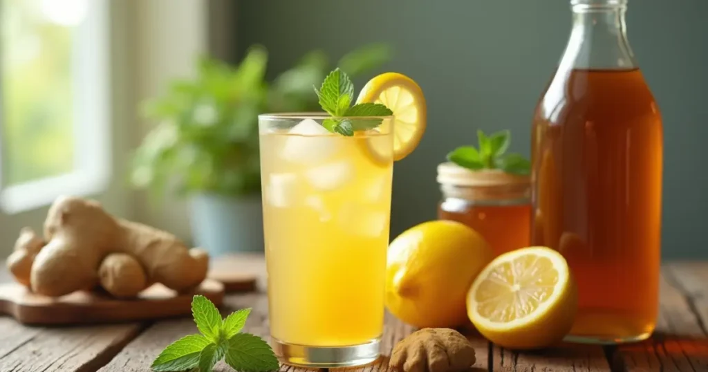A glass of Mounjaro Natural Recipe surrounded by fresh lemon, ginger, honey, and apple cider vinegar.
