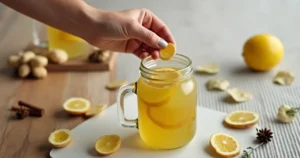 Glass of natural mounjaro tecipe surrounded by fresh lemon, ginger, honey, and apple cider vinegar in a clean kitchen