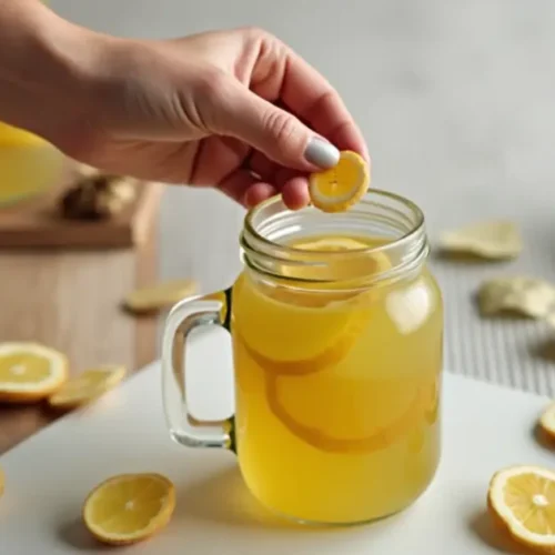 Glass of natural mounjaro tecipe surrounded by fresh lemon, ginger, honey, and apple cider vinegar in a clean kitchen
