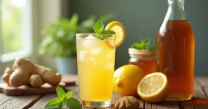 A glass of Mounjaro Natural Recipe surrounded by fresh lemon, ginger, honey, and apple cider vinegar.