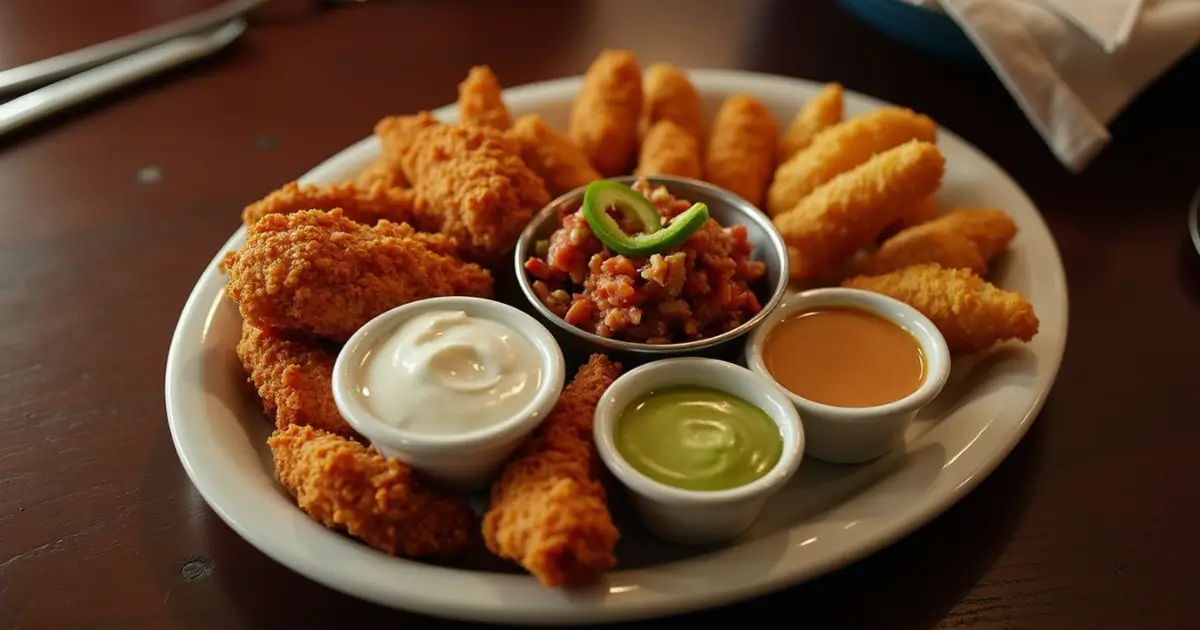 A realistic Chilis Triple Dipper appetizer plate on a wooden table with sauces