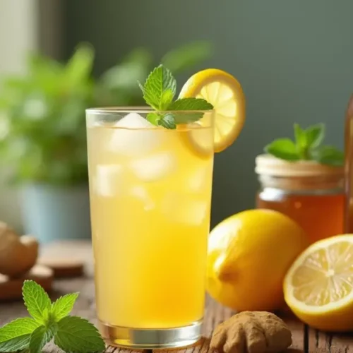 A glass of Mounjaro Natural Recipe surrounded by fresh lemon, ginger, honey, and apple cider vinegar.