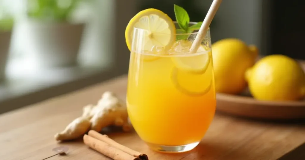 Glass of Brazilian Mounjaro detox drink with lemon and ginger.what are the 3 ingredients in brazilian mounjaro
