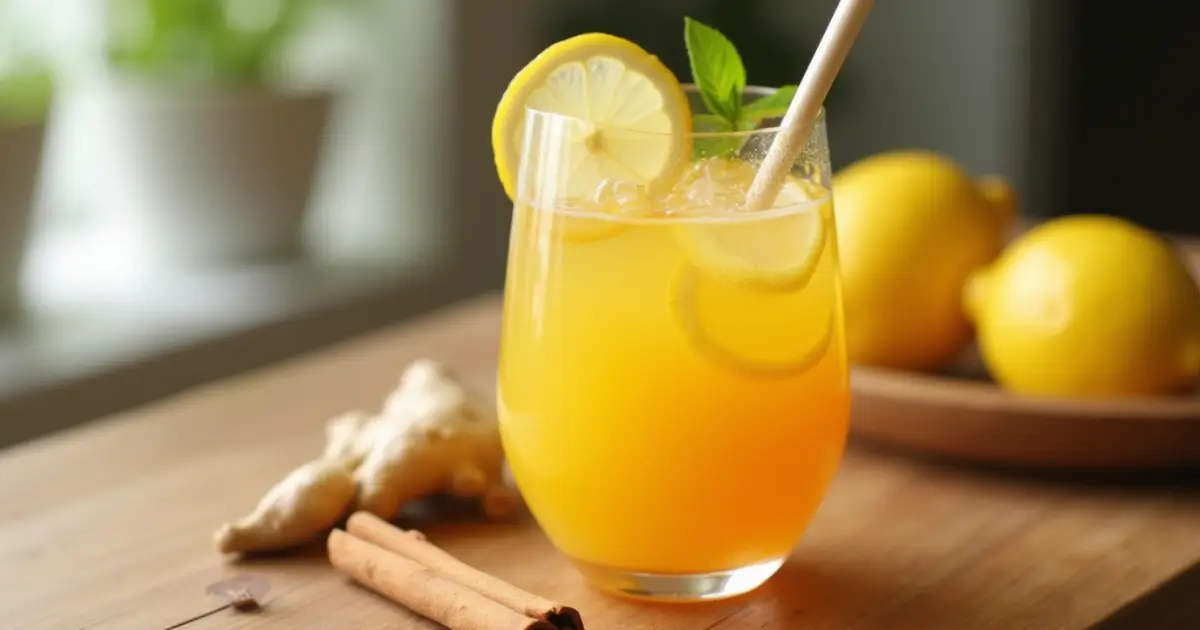 Glass of Brazilian Mounjaro detox drink with lemon and ginger.what are the 3 ingredients in brazilian mounjaro