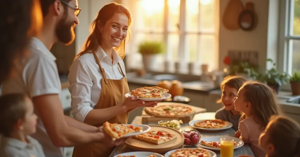 Woman serving golden crust pizza in a bright kitchen
