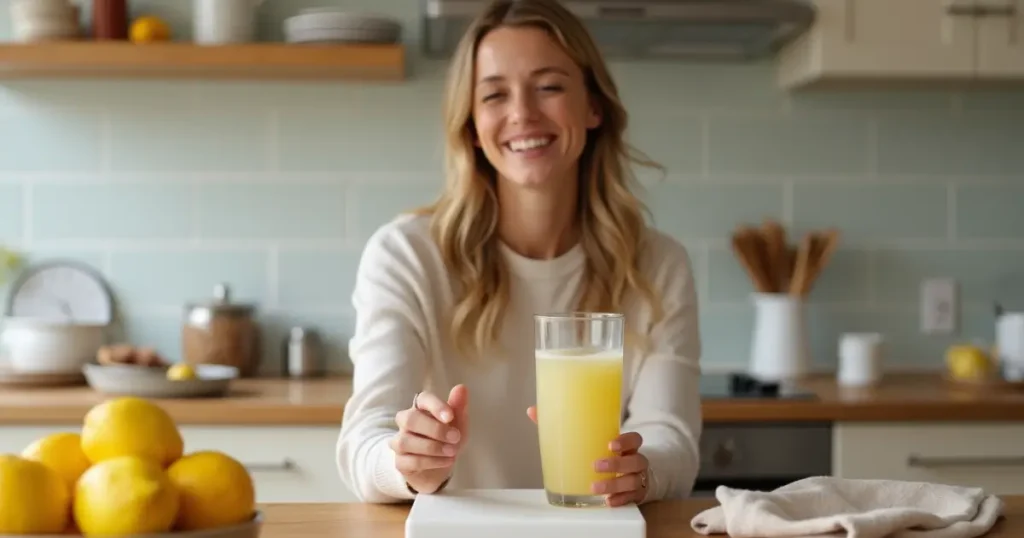 Woman serving a glass of natural mounjaro tecipe in a modern kitchen
