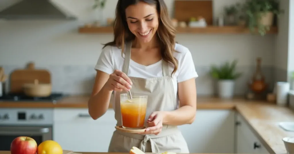 Woman serving apple cider vinegar recipe in home kitchen. who is apple cider vinegar about