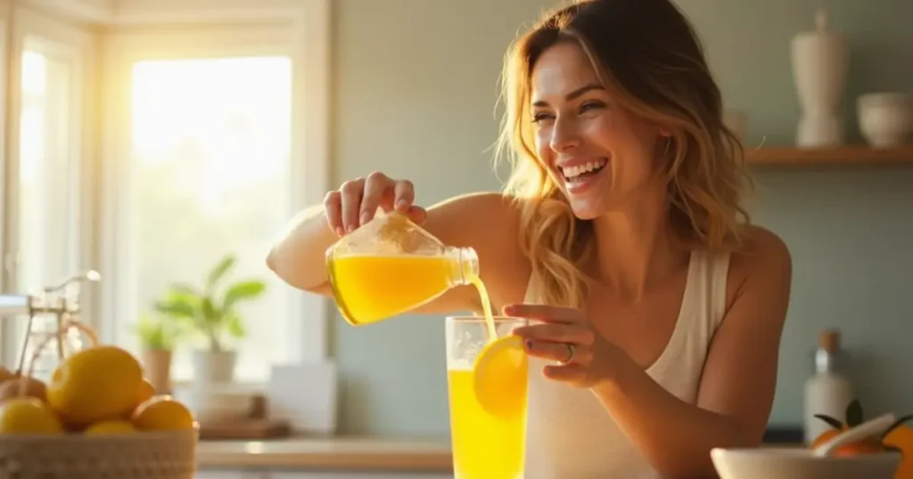 Woman serving Brazilian Mounjaro drink in a kitchen.what are the 3 ingredients in brazilian mounjaro