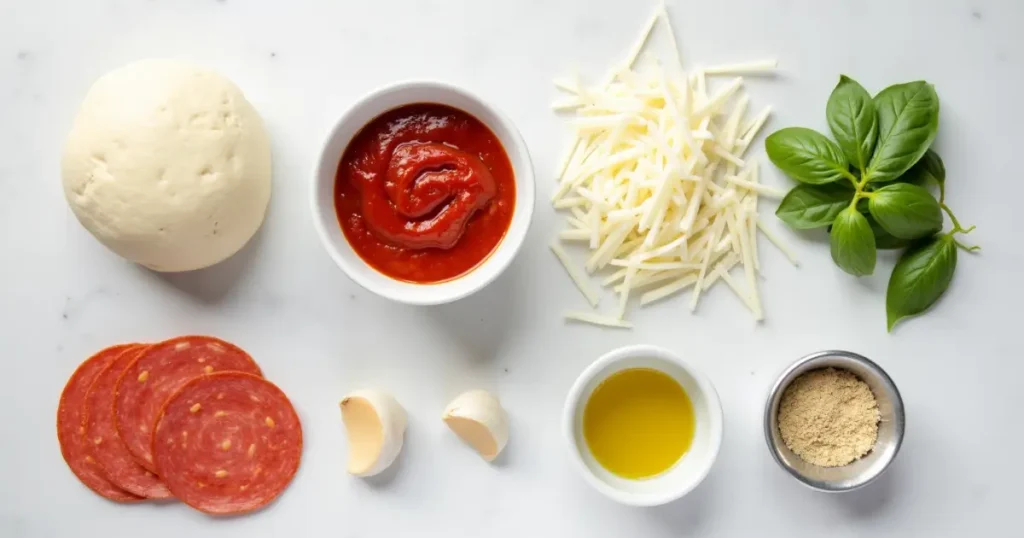 Pizza ingredients neatly arranged on a kitchen counter. Golden Crust Pizza