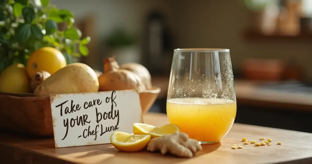 An empty glass of Mounjaro Natural Recipe next to a note from Chef Luna in a homey kitchen setting.