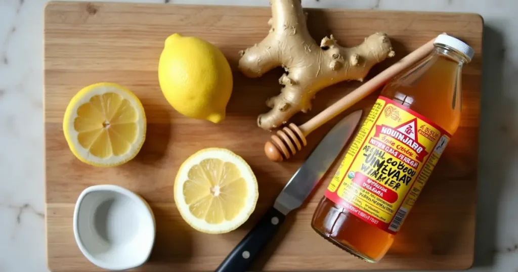 Natural Mounjaro tecipe ingredients including lemon, ginger, honey, and apple cider vinegar