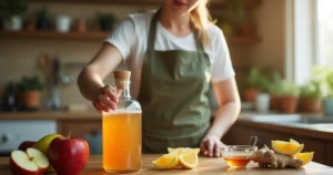 Glass bottle of apple cider vinegar with fresh ingredients in rustic kitchen ; who is apple cider vinegar about